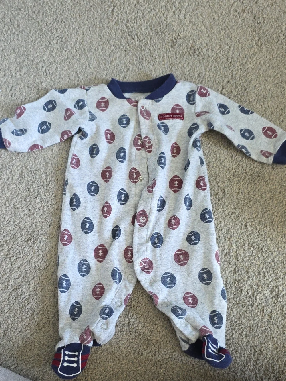 Gray Footed One-Piece with Red & Navy Football Print